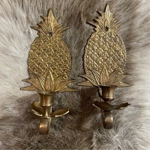 Vintage PWF India Solid Brass Pineapple Wall Sconce Candle Stick Holders Set
